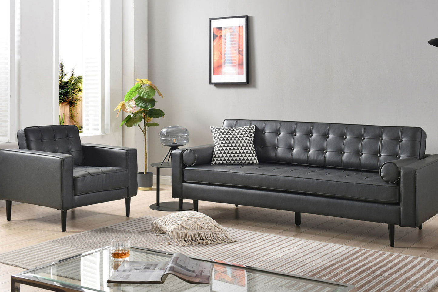Cooper Sofa - 3 Seater (7ft) | Faux Leather, Black