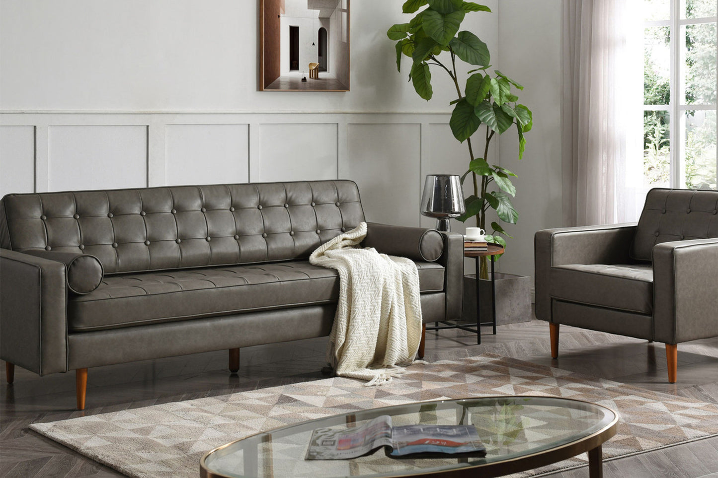 Cooper Sofa - 3 Seater (7ft) | Faux Leather, Dark Gray